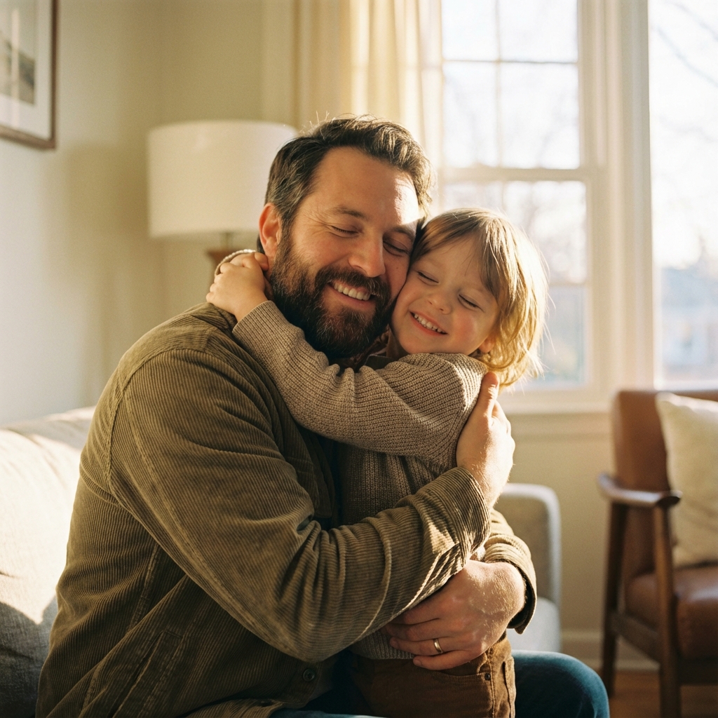 Pai e filho abraçados